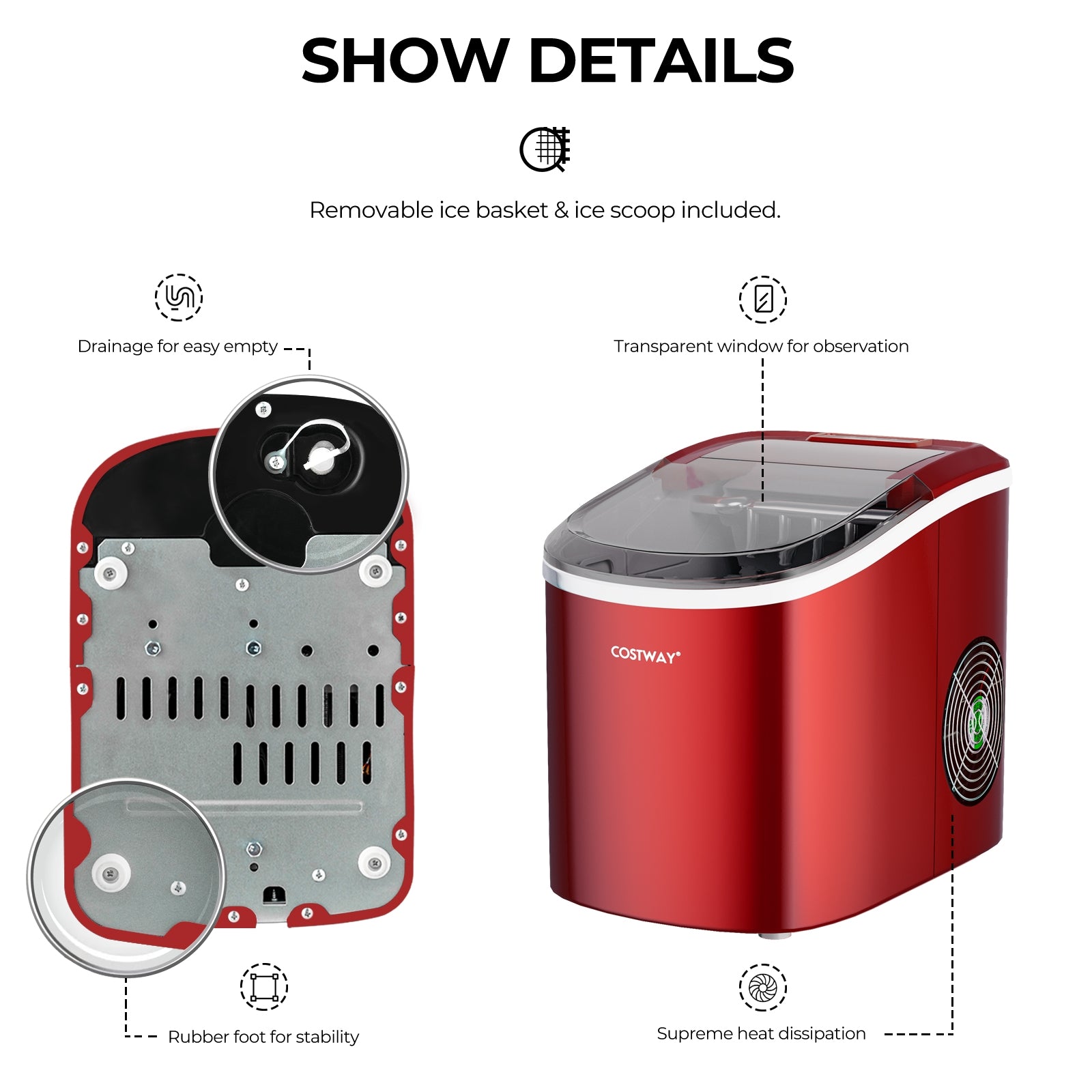 2.2 L Portable Ice Cube Maker with Bullet Shaped Ice Cube-Red