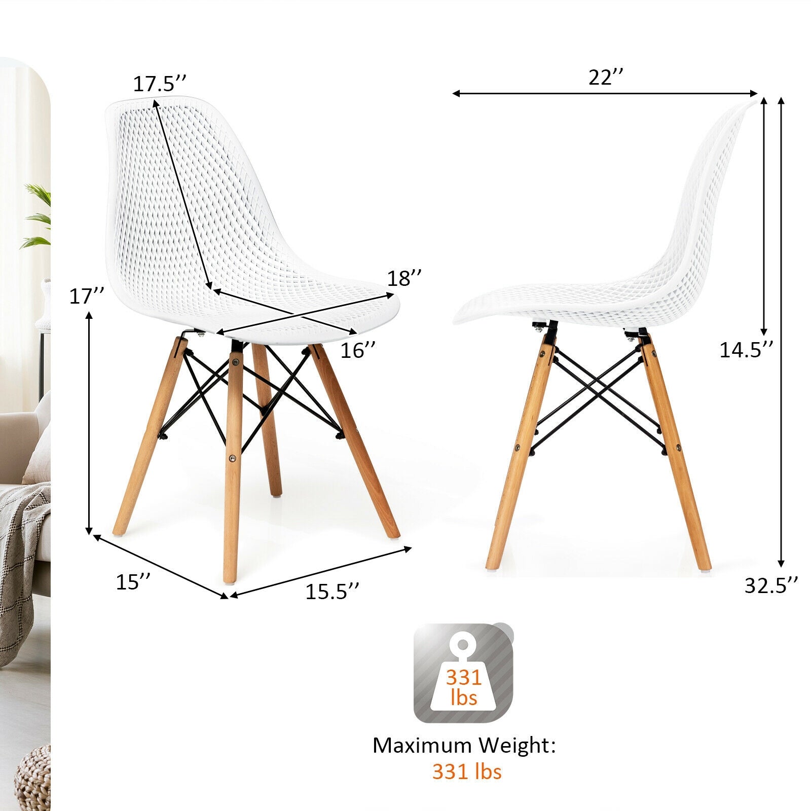 4 Pieces Modern Plastic Hollow Chair Set with Wood Leg-White