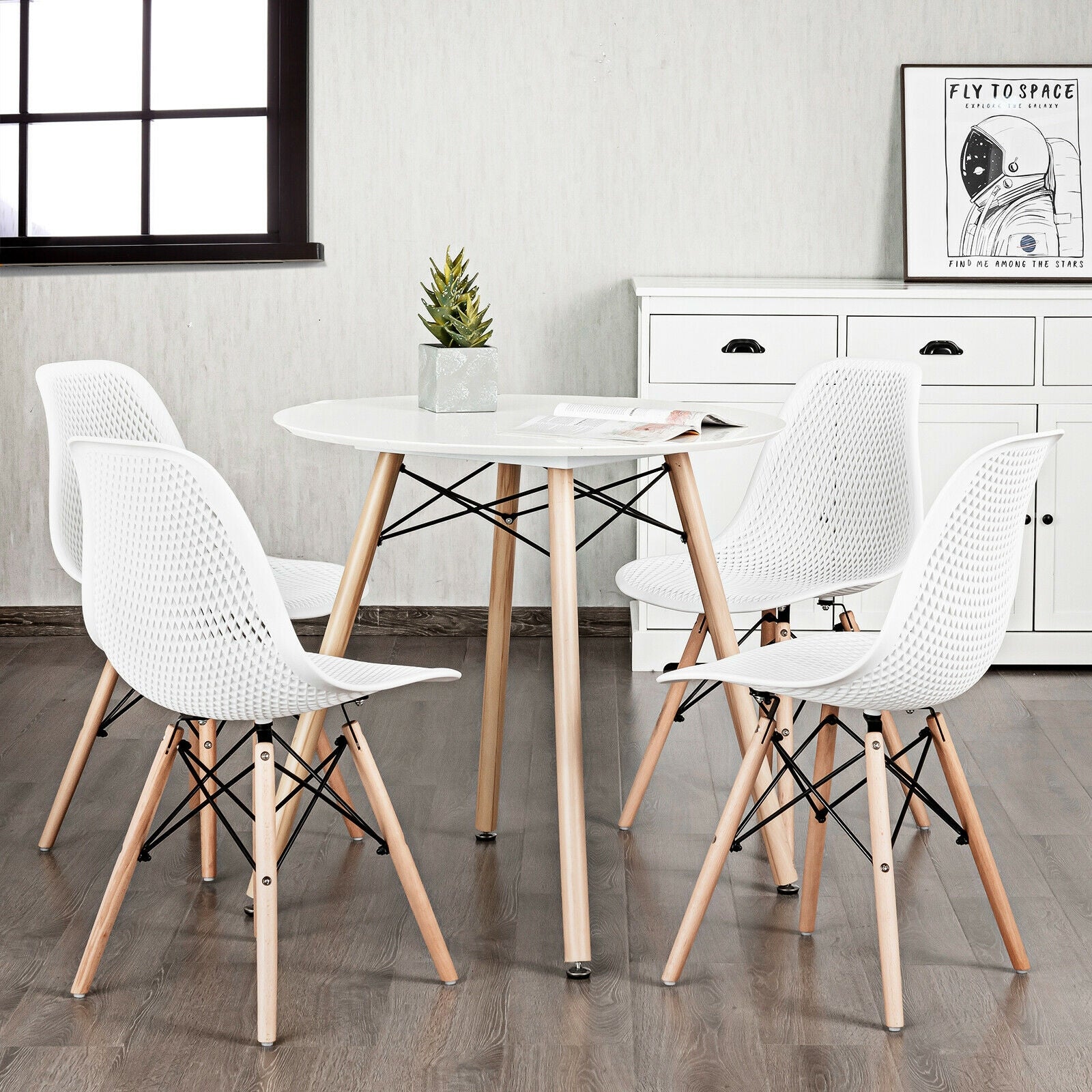 4 Pieces Modern Plastic Hollow Chair Set with Wood Leg-White