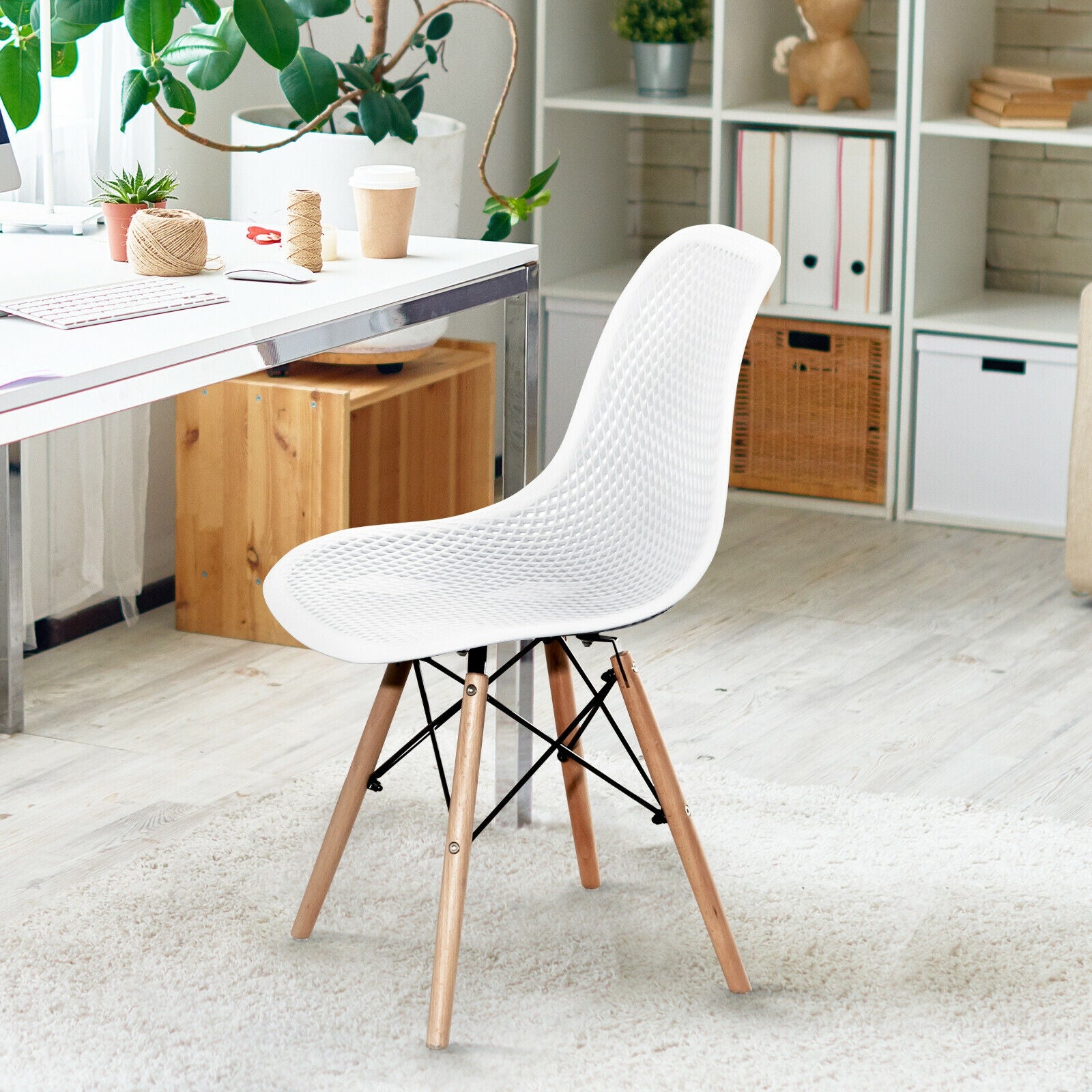 4 Pieces Modern Plastic Hollow Chair Set with Wood Leg-White