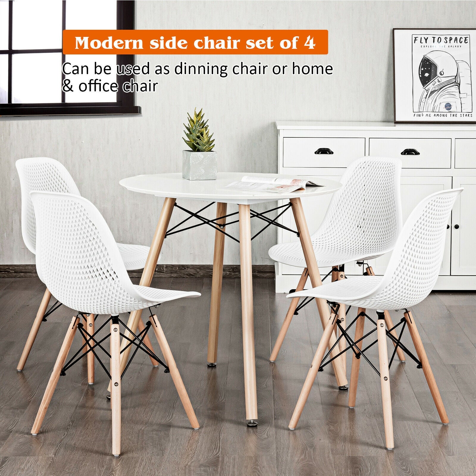 4 Pieces Modern Plastic Hollow Chair Set with Wood Leg-White