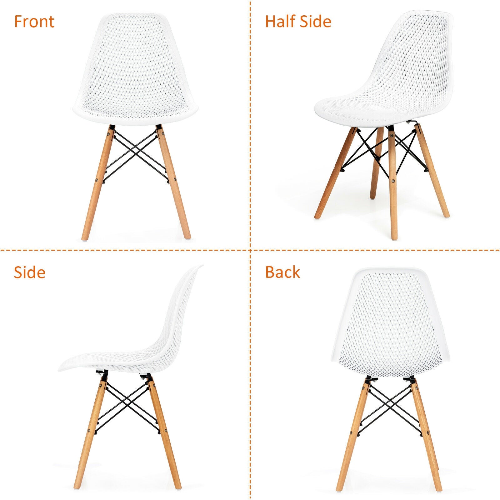 4 Pieces Modern Plastic Hollow Chair Set with Wood Leg-White