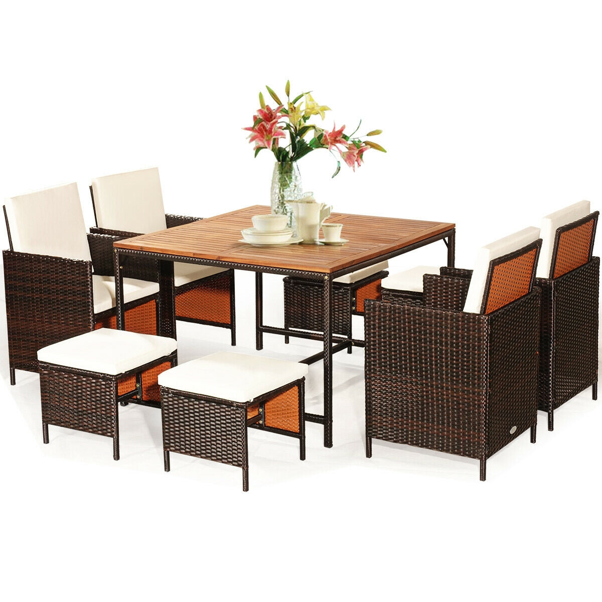 9 Pieces Patio Rattan Dining Cushioned Chairs Set-White 