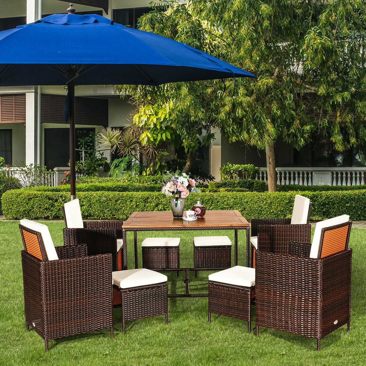 9 Pieces Patio Rattan Dining Cushioned Chairs Set-White 