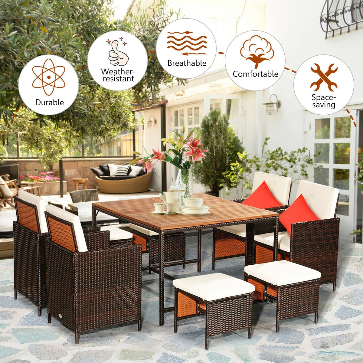 9 Pieces Patio Rattan Dining Cushioned Chairs Set-White 