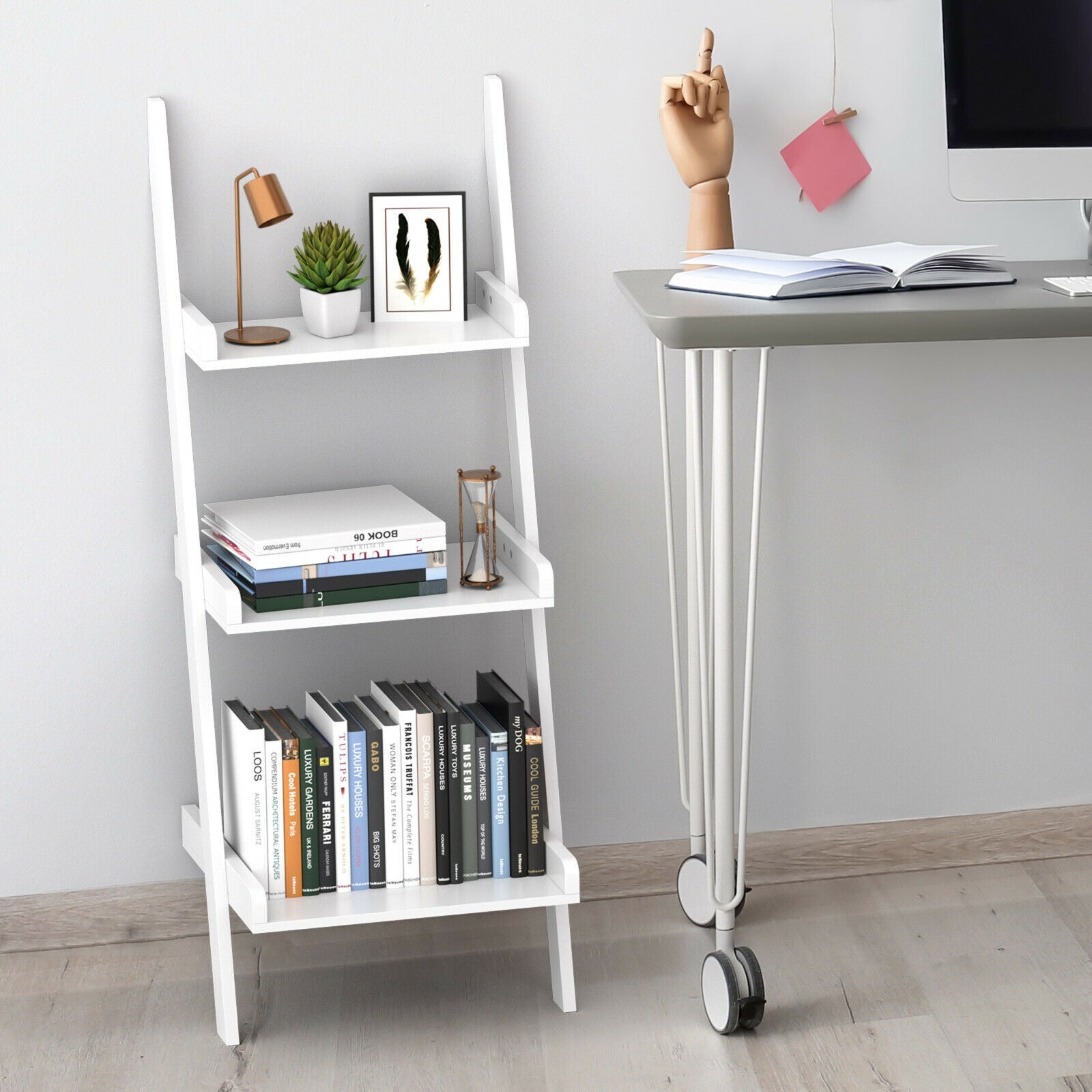 3 Tier Leaning Rack Wall Book Shelf Ladder-White