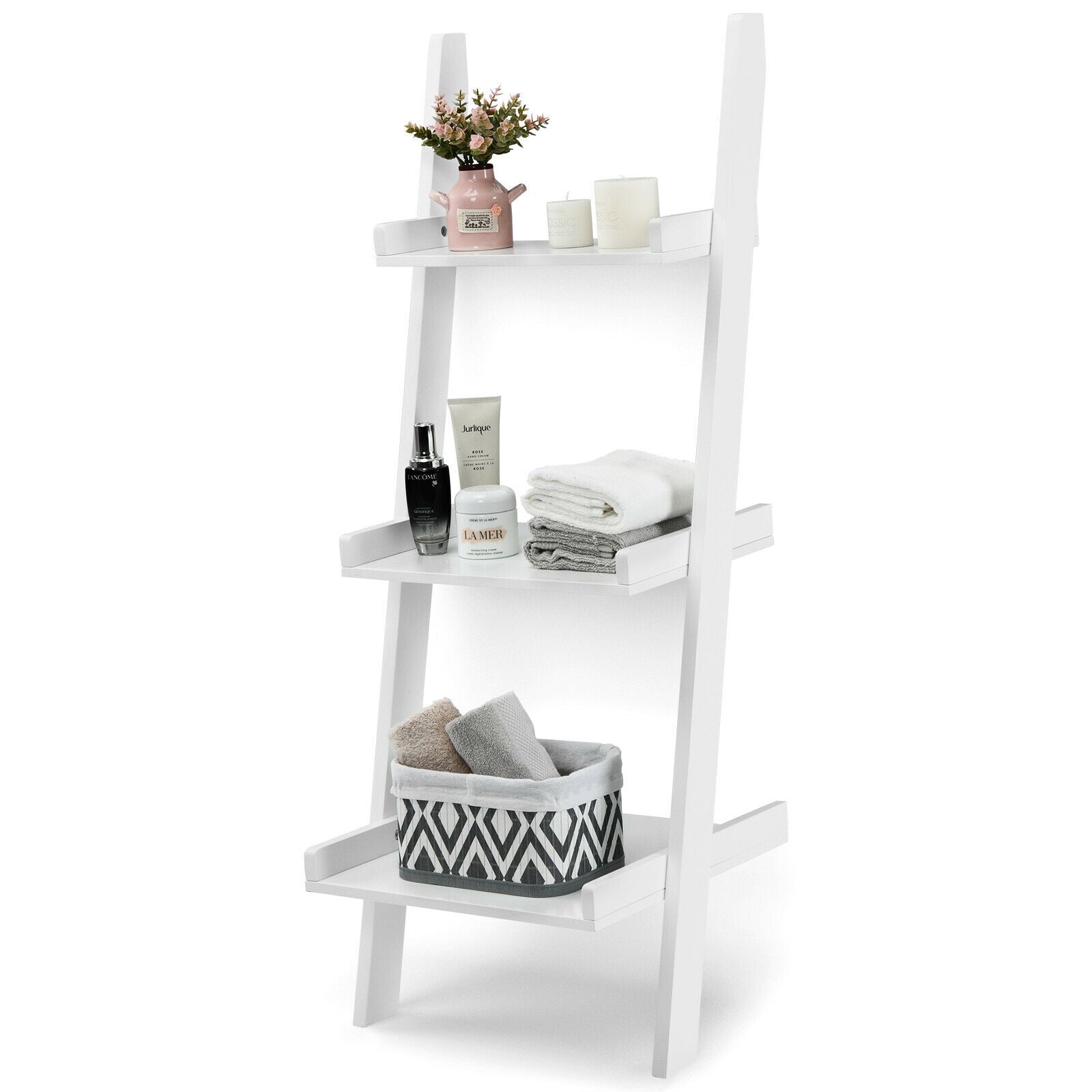 3 Tier Leaning Rack Wall Book Shelf Ladder-White