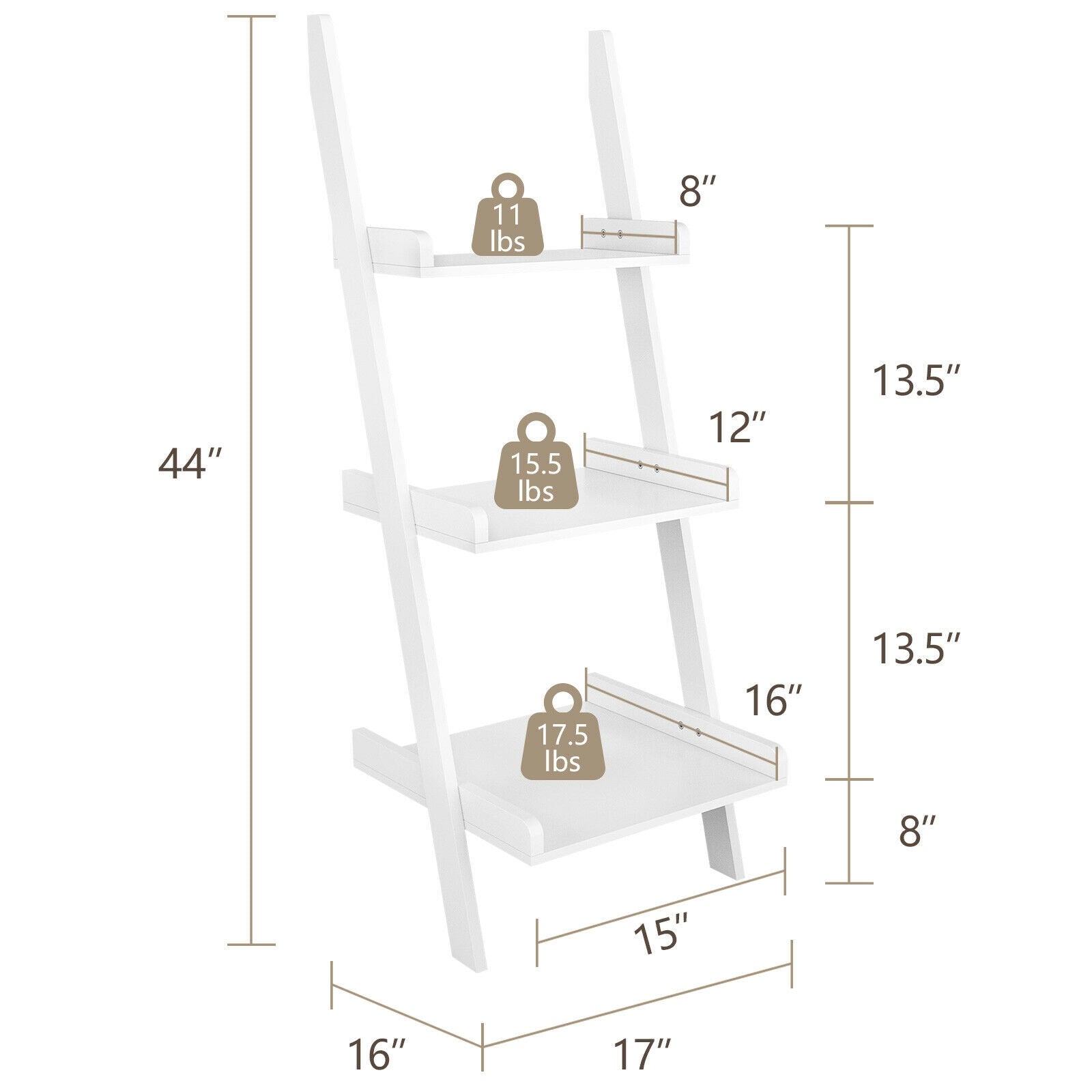 3 Tier Leaning Rack Wall Book Shelf Ladder-White