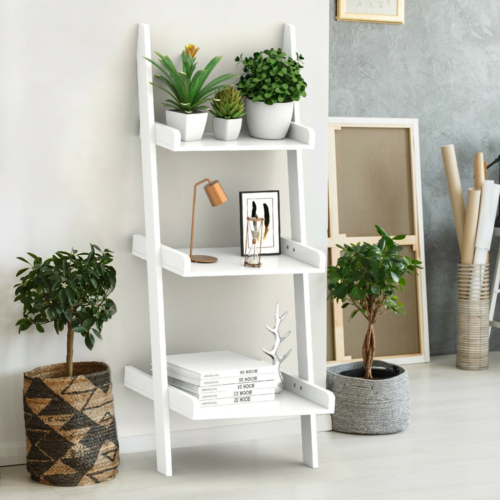 3 Tier Leaning Rack Wall Book Shelf Ladder-White