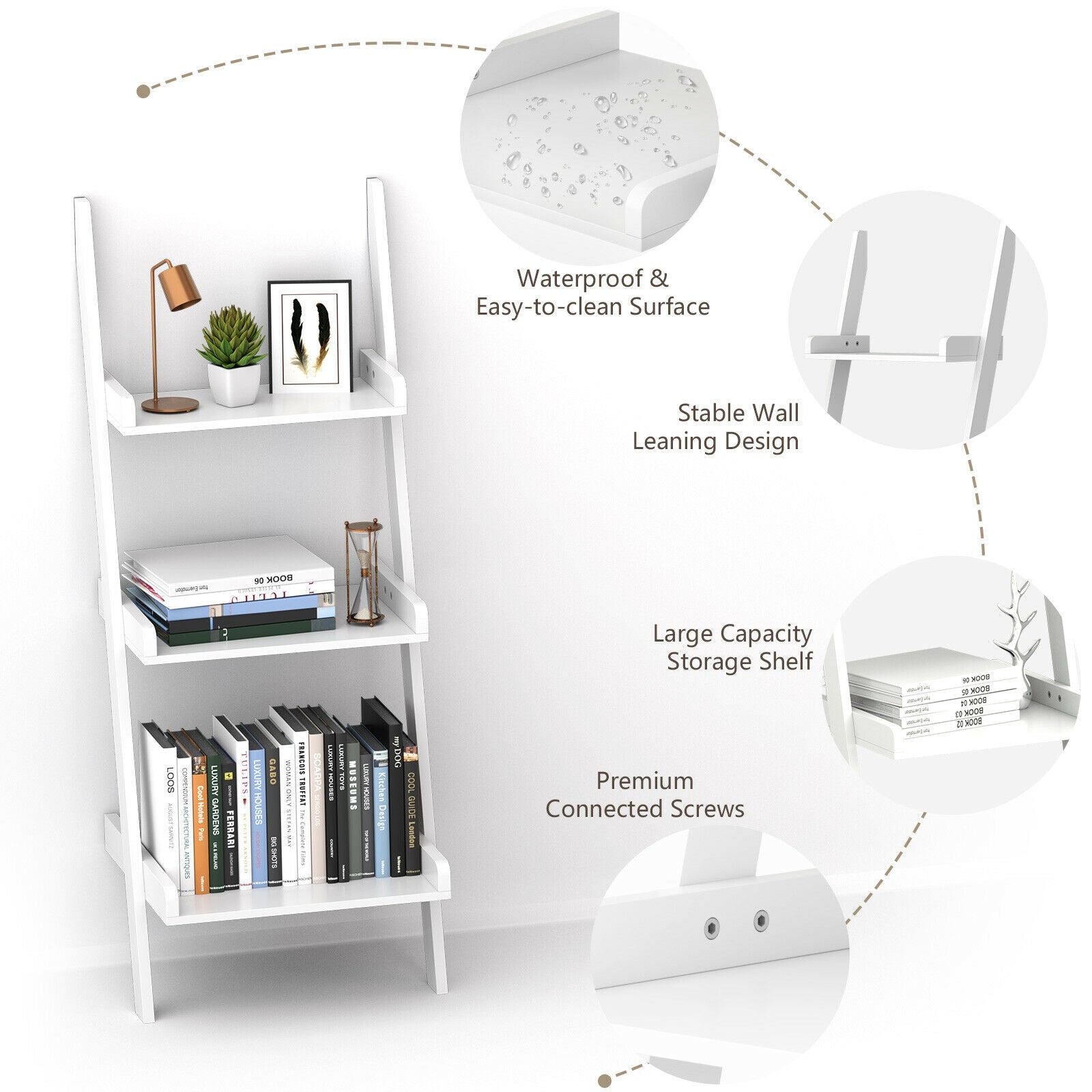 3 Tier Leaning Rack Wall Book Shelf Ladder-White