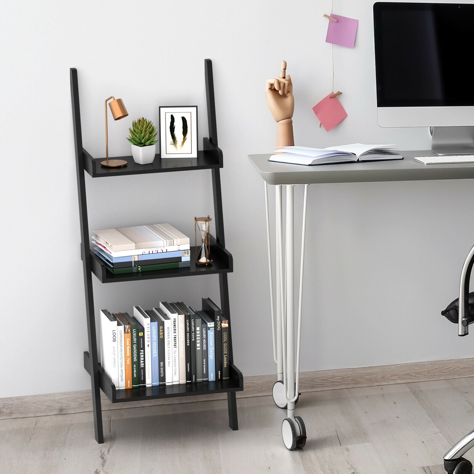 3 Tier Leaning Rack Wall Book Shelf Ladder-Black