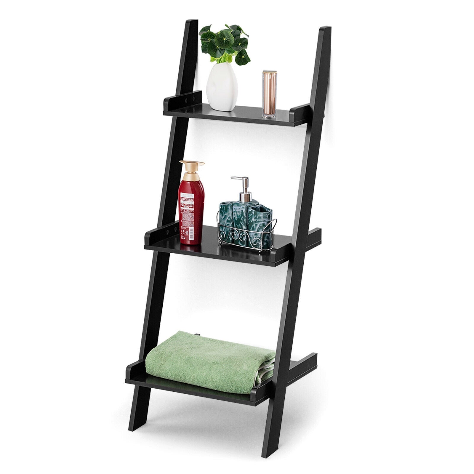 3 Tier Leaning Rack Wall Book Shelf Ladder-Black