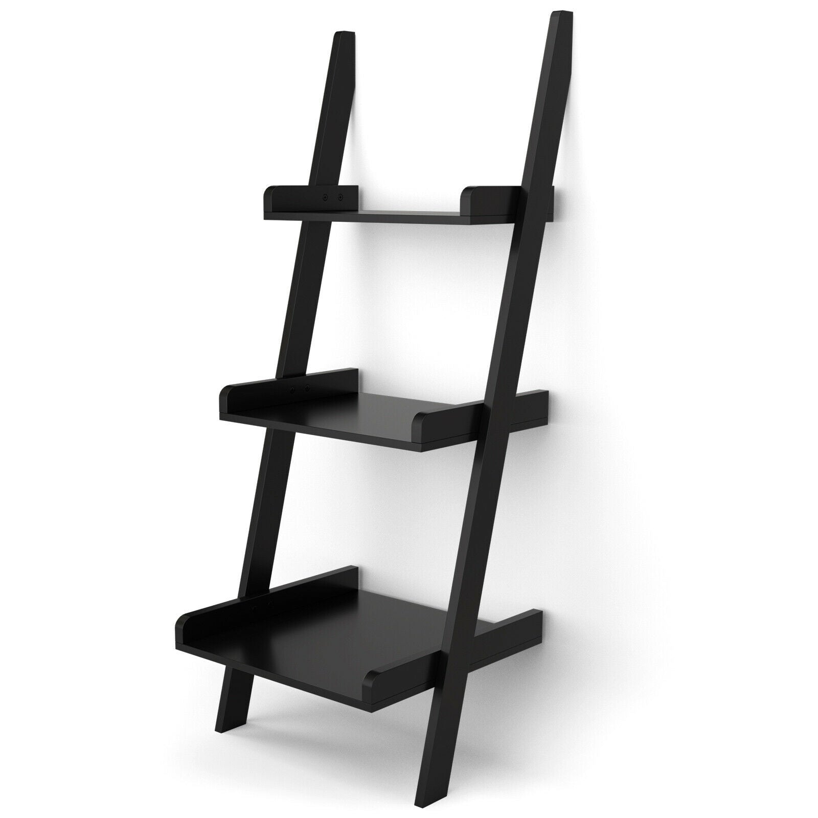 3 Tier Leaning Rack Wall Book Shelf Ladder-Black