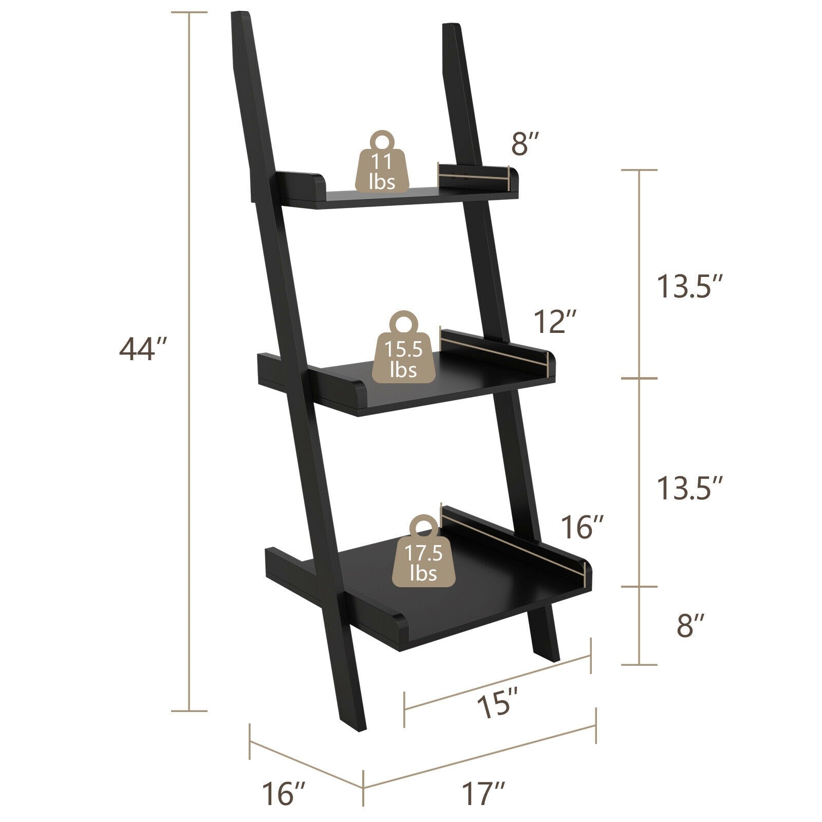 3 Tier Leaning Rack Wall Book Shelf Ladder-Black