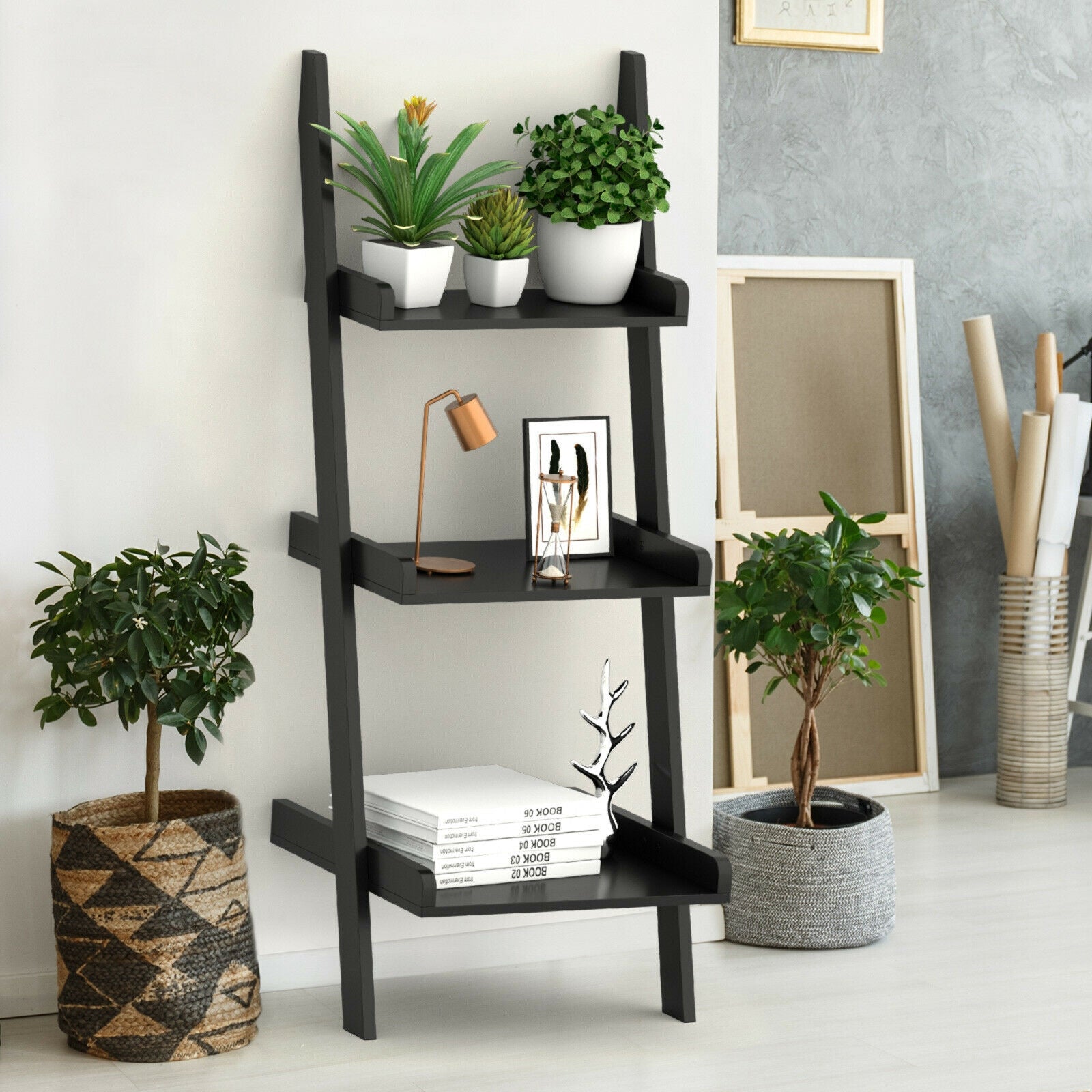 3 Tier Leaning Rack Wall Book Shelf Ladder-Black