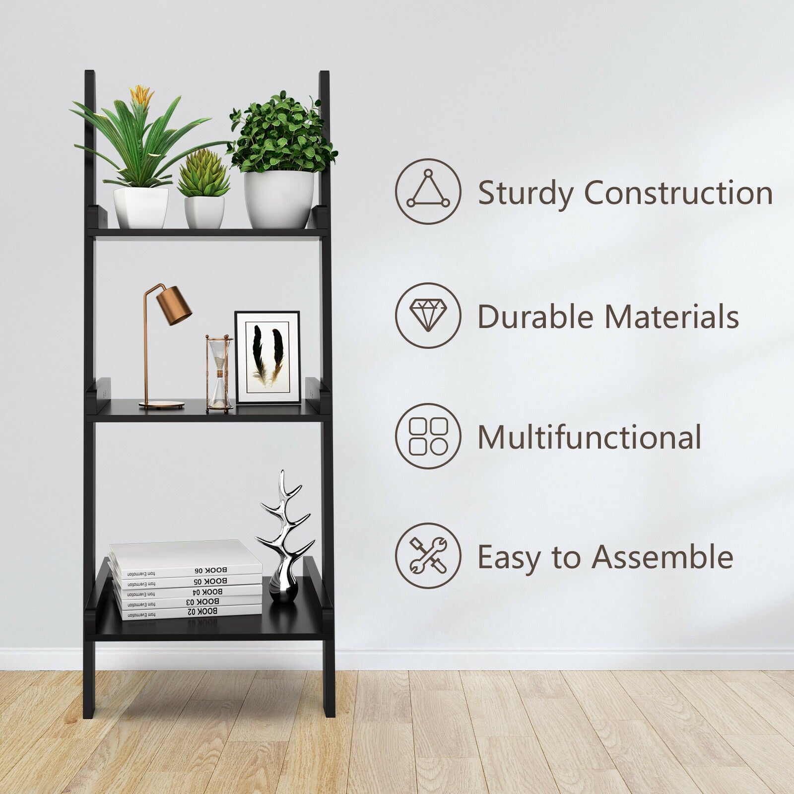 3 Tier Leaning Rack Wall Book Shelf Ladder-Black