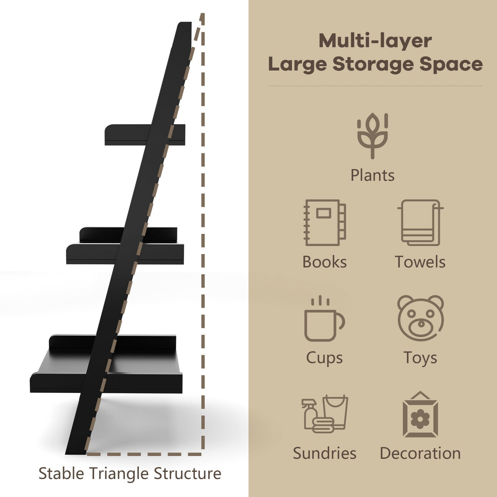 3 Tier Leaning Rack Wall Book Shelf Ladder-Black