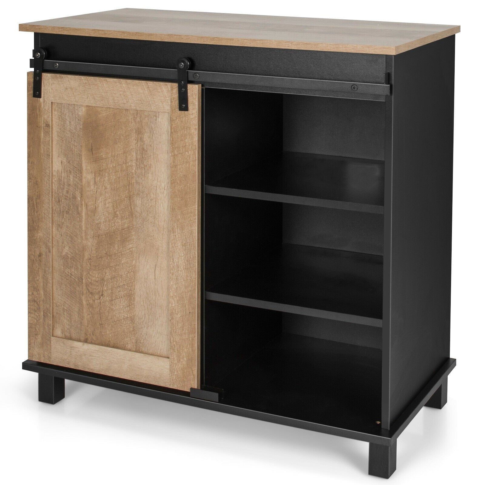 Kitchen Buffet Sideboard with Sliding Barn Door 2 Drawers and Wine Rack-Natural