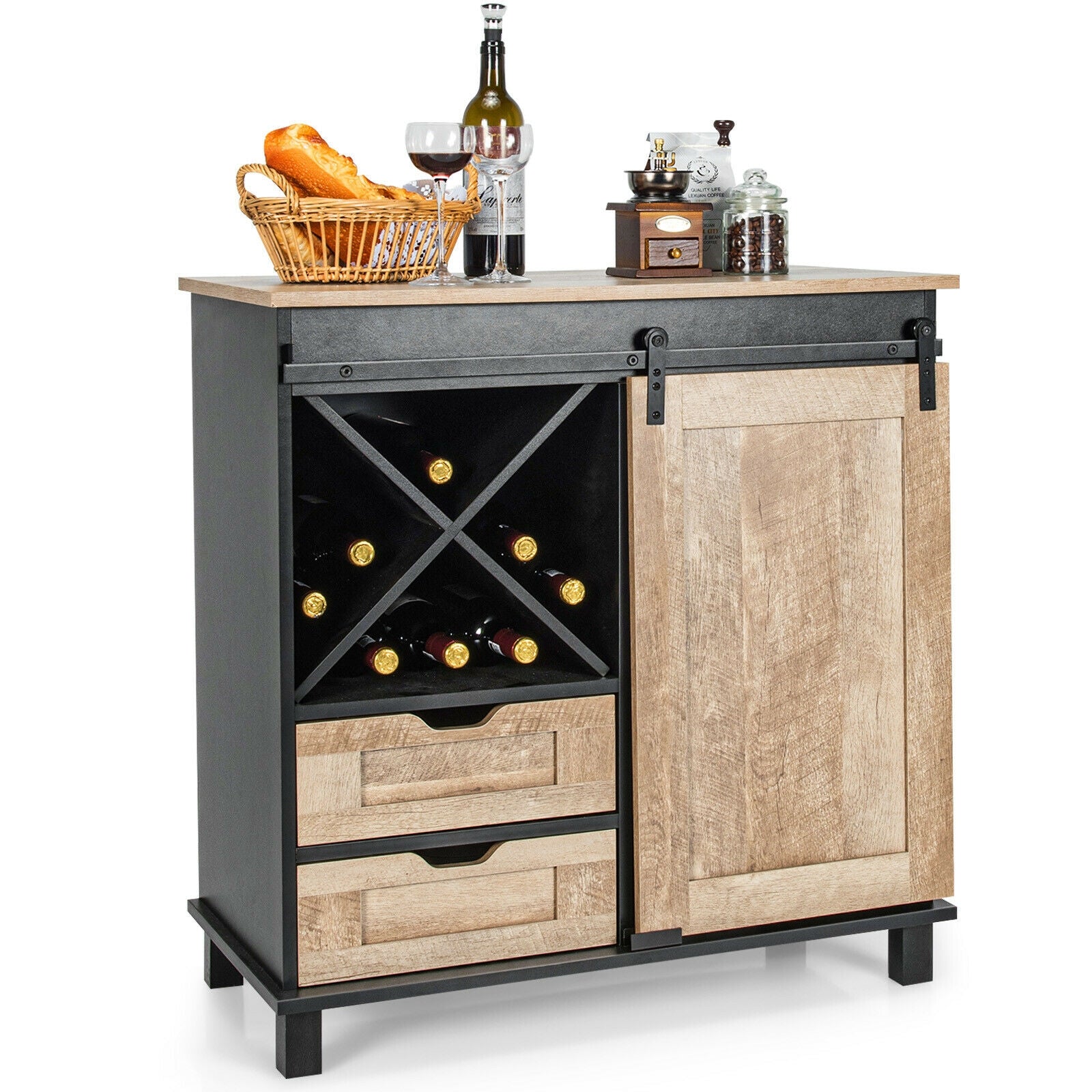 Kitchen Buffet Sideboard with Sliding Barn Door 2 Drawers and Wine Rack-Natural