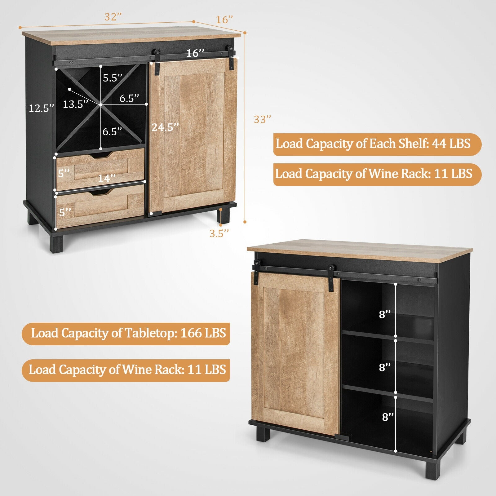 Kitchen Buffet Sideboard with Sliding Barn Door 2 Drawers and Wine Rack-Natural