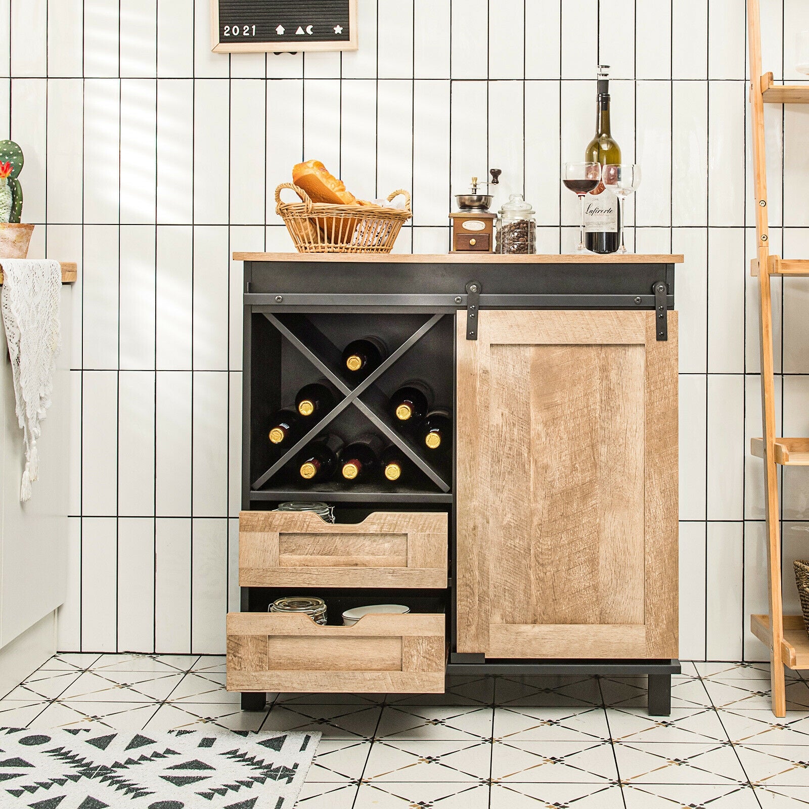 Kitchen Buffet Sideboard with Sliding Barn Door 2 Drawers and Wine Rack-Natural