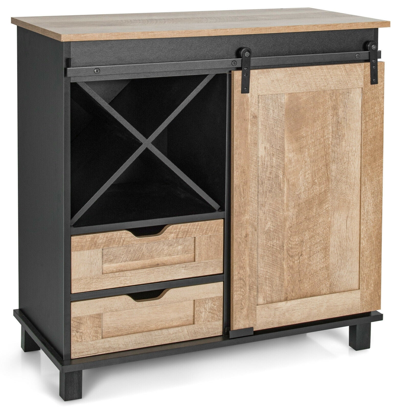 Kitchen Buffet Sideboard with Sliding Barn Door 2 Drawers and Wine Rack-Natural