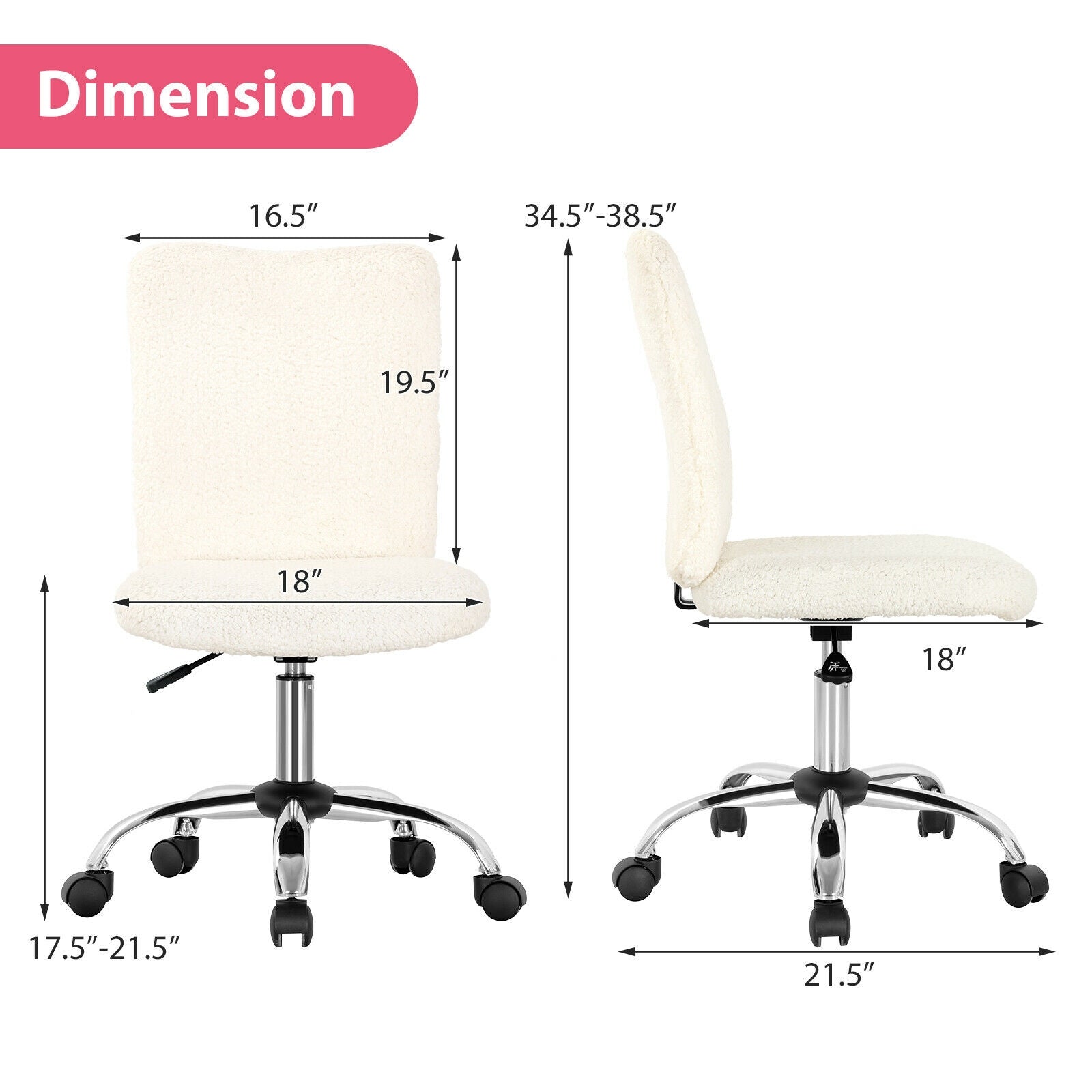 Armless Faux Fur Leisure Office Chair with Adjustable Swivel-White