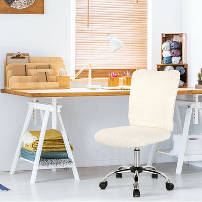 Armless Faux Fur Leisure Office Chair with Adjustable Swivel-White 