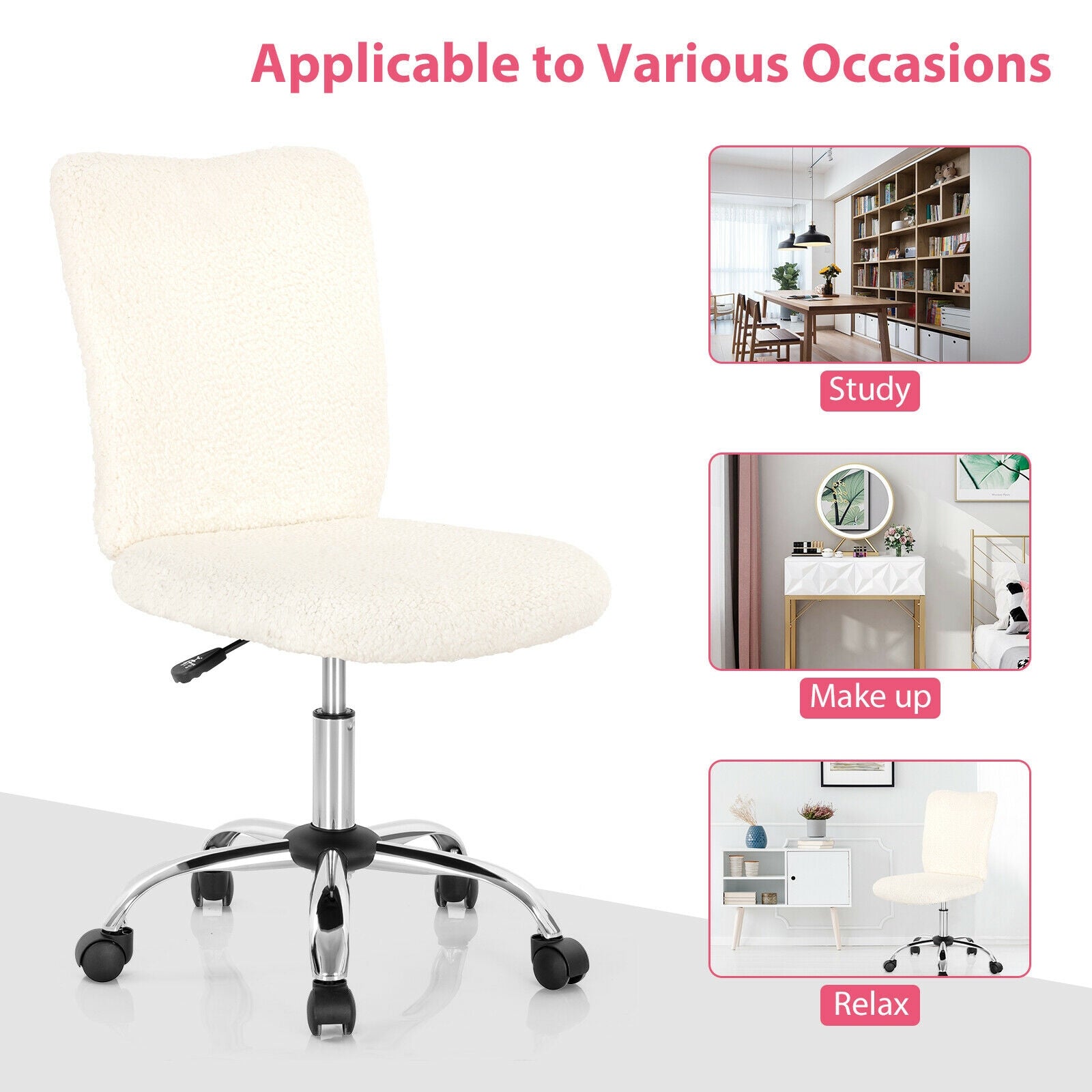 Armless Faux Fur Leisure Office Chair with Adjustable Swivel-White