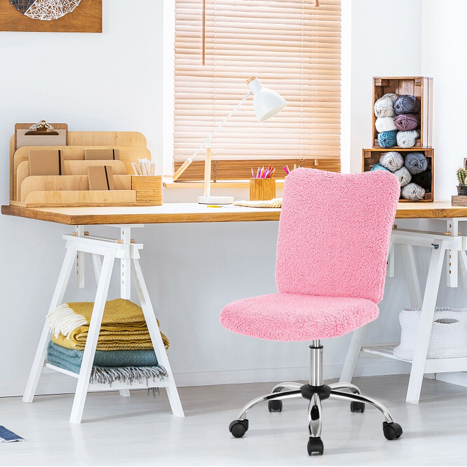 Armless Faux Fur Leisure Office Chair with Adjustable Swivel-Pink