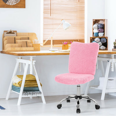 Armless Faux Fur Leisure Office Chair with Adjustable Swivel-Pink 
