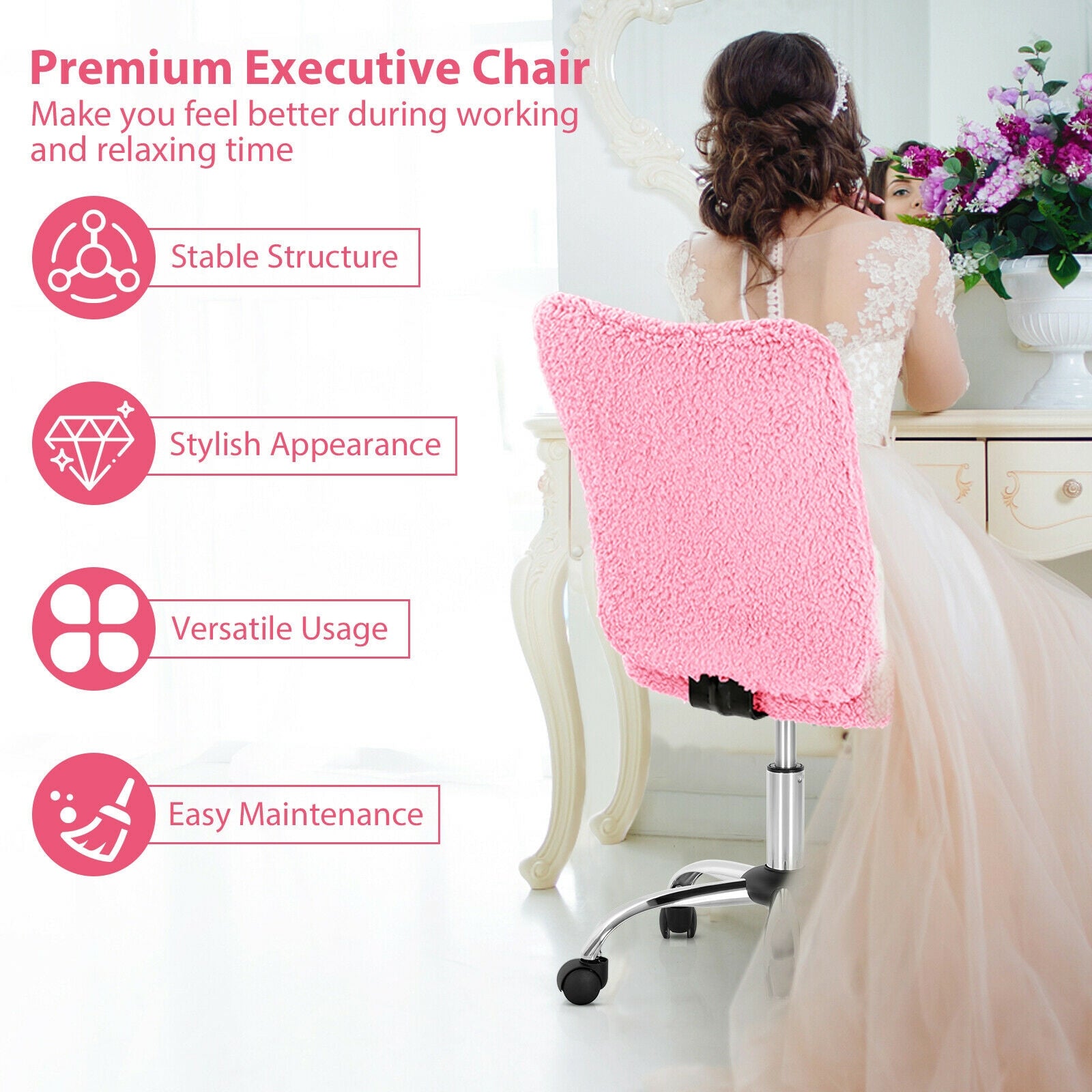 Armless Faux Fur Leisure Office Chair with Adjustable Swivel-Pink