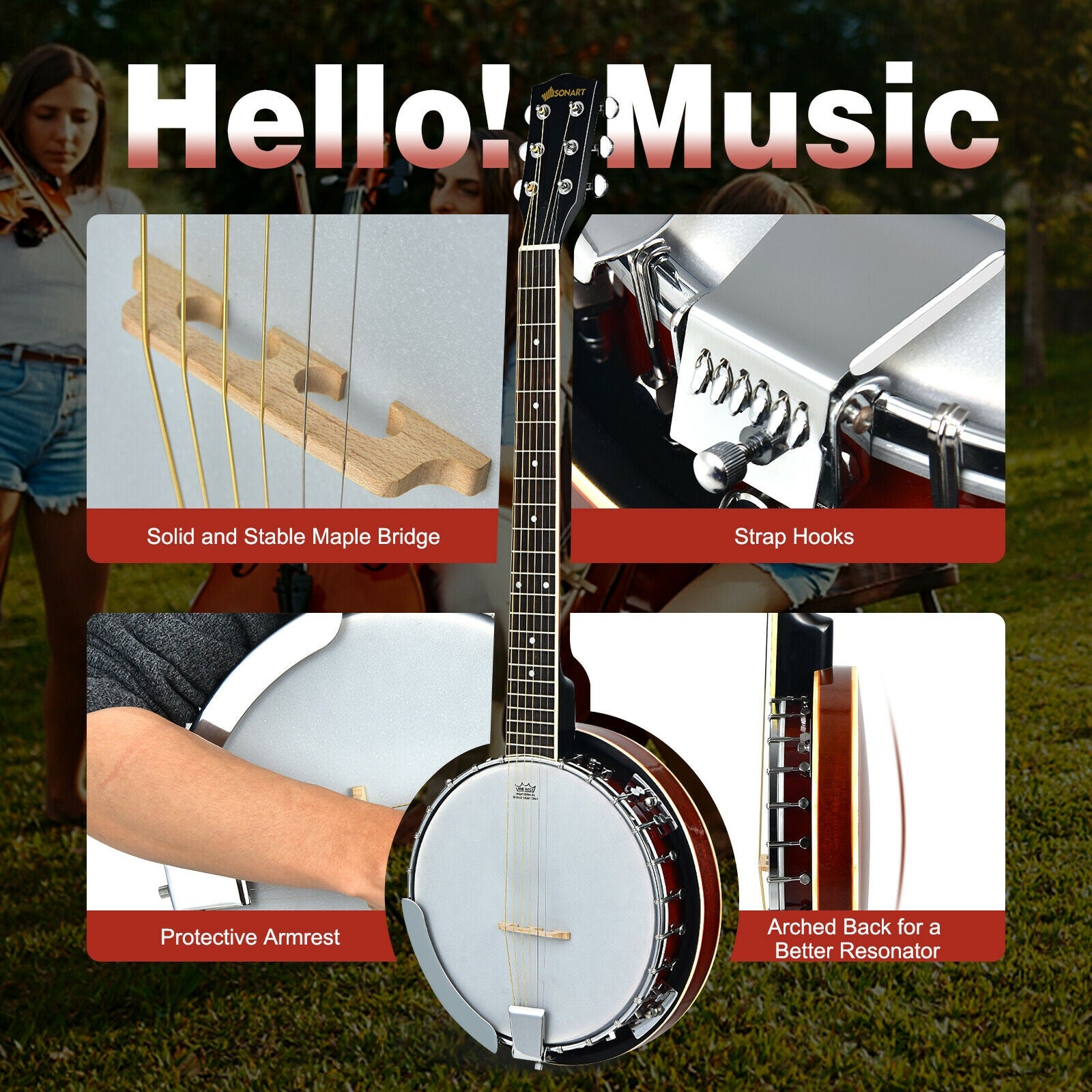 39 Inch Sonart Full Size 6 string 24 Bracket Professional Banjo Instrument with Open Back 