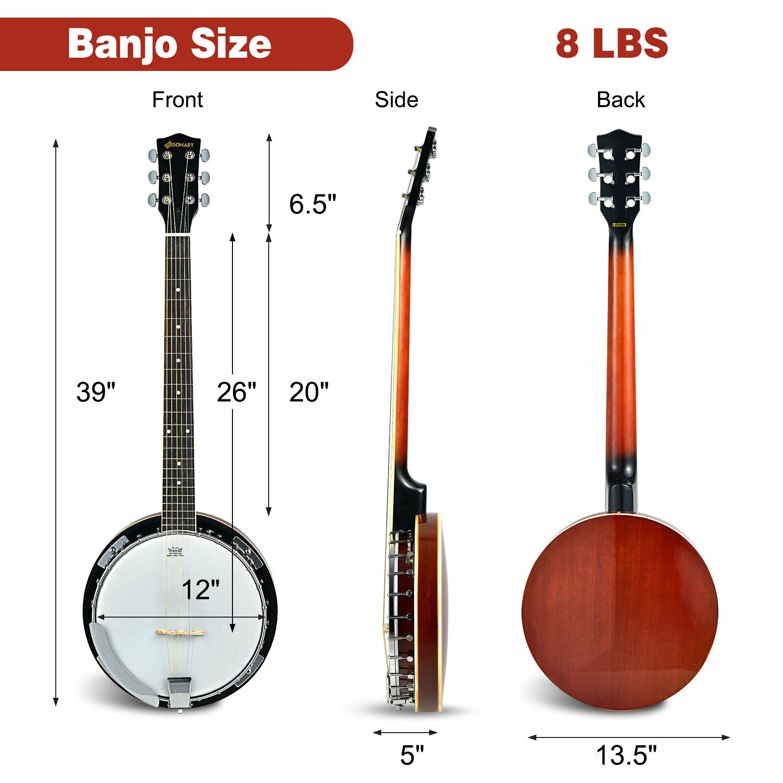 39 Inch Sonart Full Size 6 string 24 Bracket Professional Banjo Instrument with Open Back 