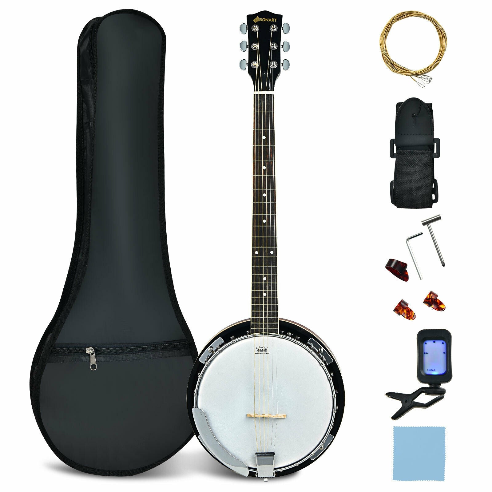 39 Inch Sonart Full Size 6 string 24 Bracket Professional Banjo Instrument with Open Back 