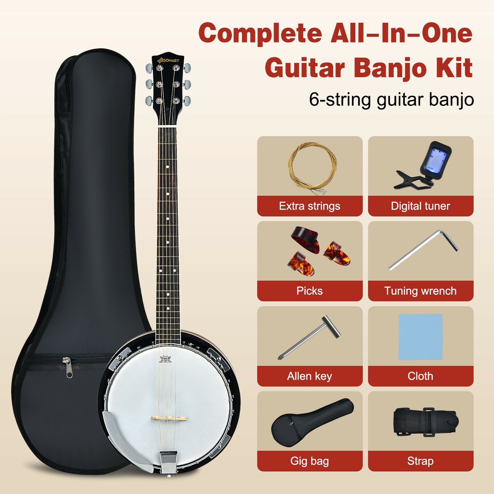 39 Inch Sonart Full Size 6 string 24 Bracket Professional Banjo Instrument with Open Back 