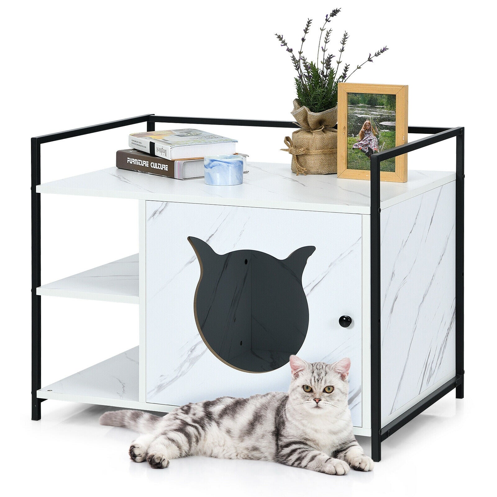 Enclosure Hidden Litter Furniture Cabinet with 2-Tier Storage Shelf-White