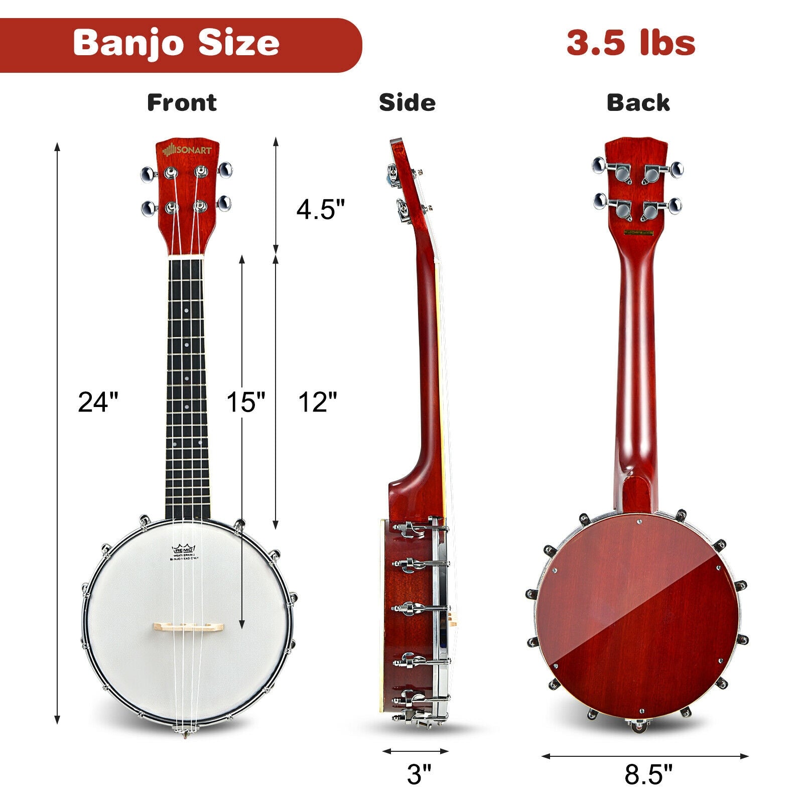 24 Inch Sonart 4-String Banjo Ukulele with Remo Drumhead and Gig Bag 