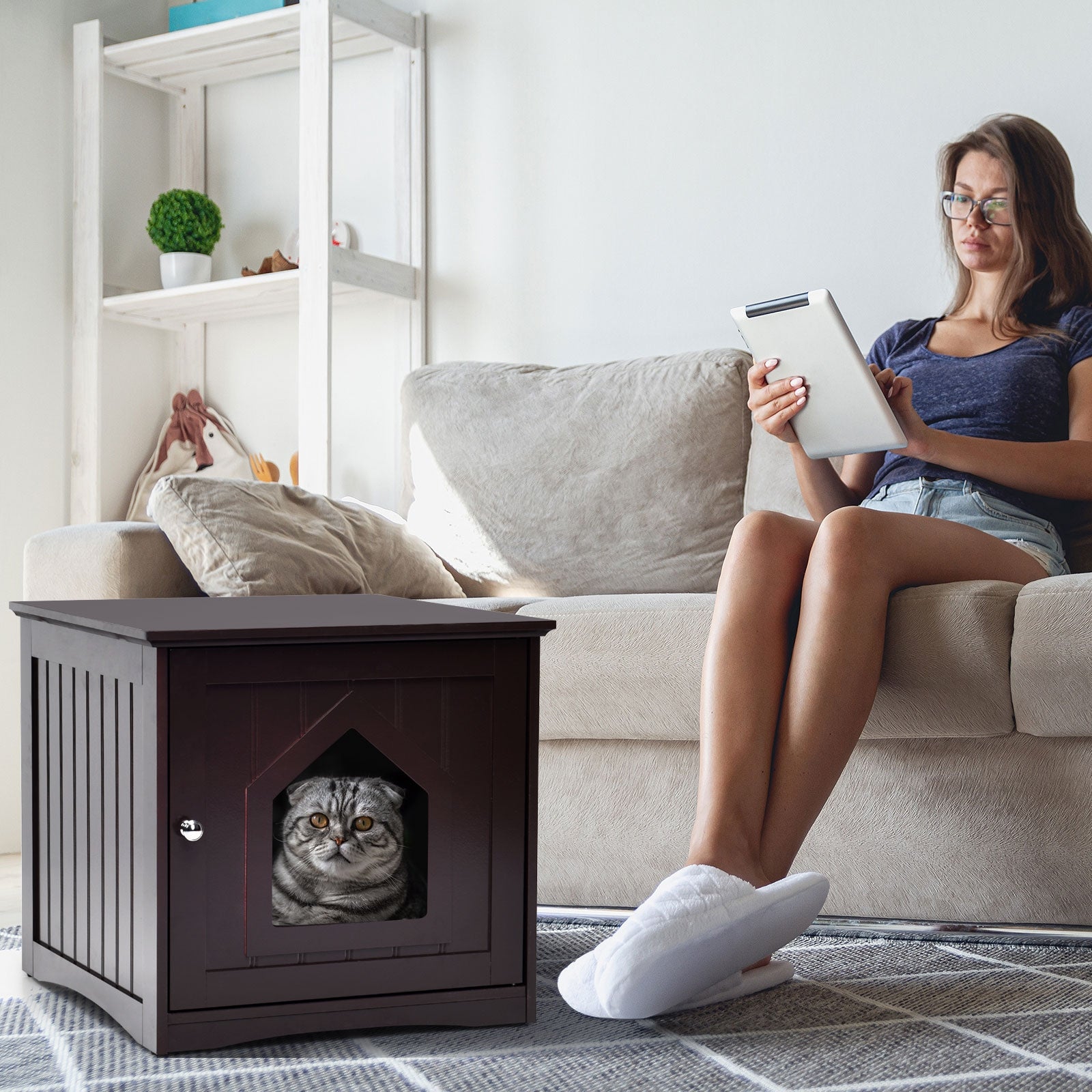 Sidetable Nightstand Weatherproof Multi-function Cat House-Brown