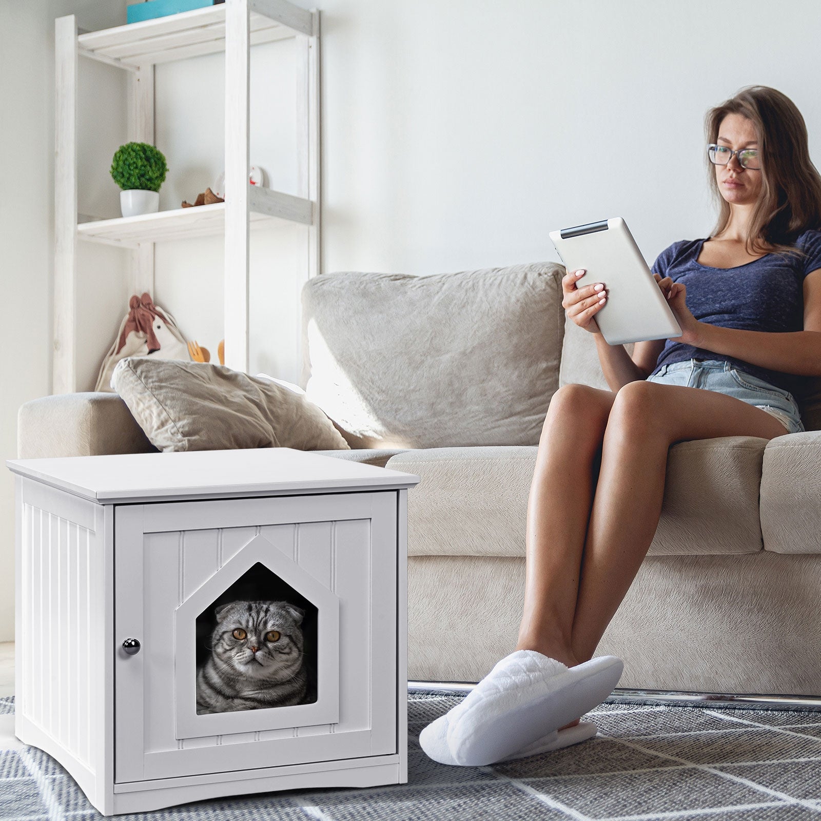 Sidetable Nightstand Weatherproof Multi-function Cat House-White