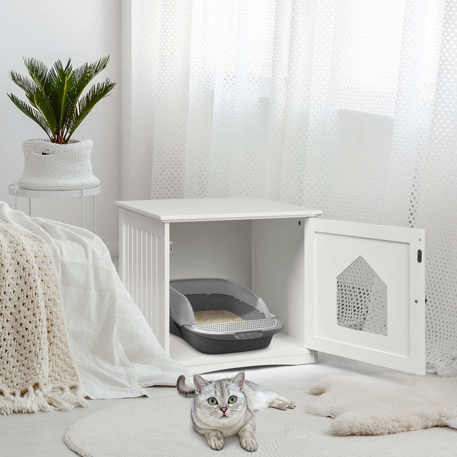 Sidetable Nightstand Weatherproof Multi-function Cat House-White