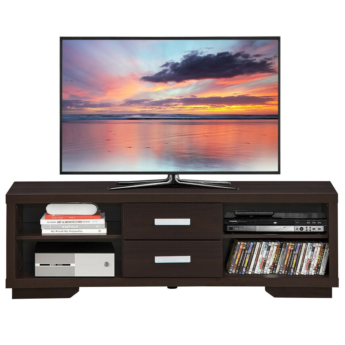 Modern TV Stand Entertainment Center with 2 Drawers and 4 Open Shelves