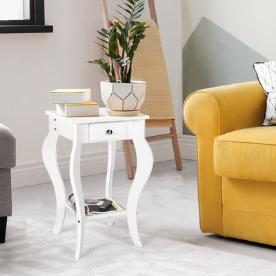 2-Tier End Table with Drawer and Shelf for Living Room Bedroom-White 