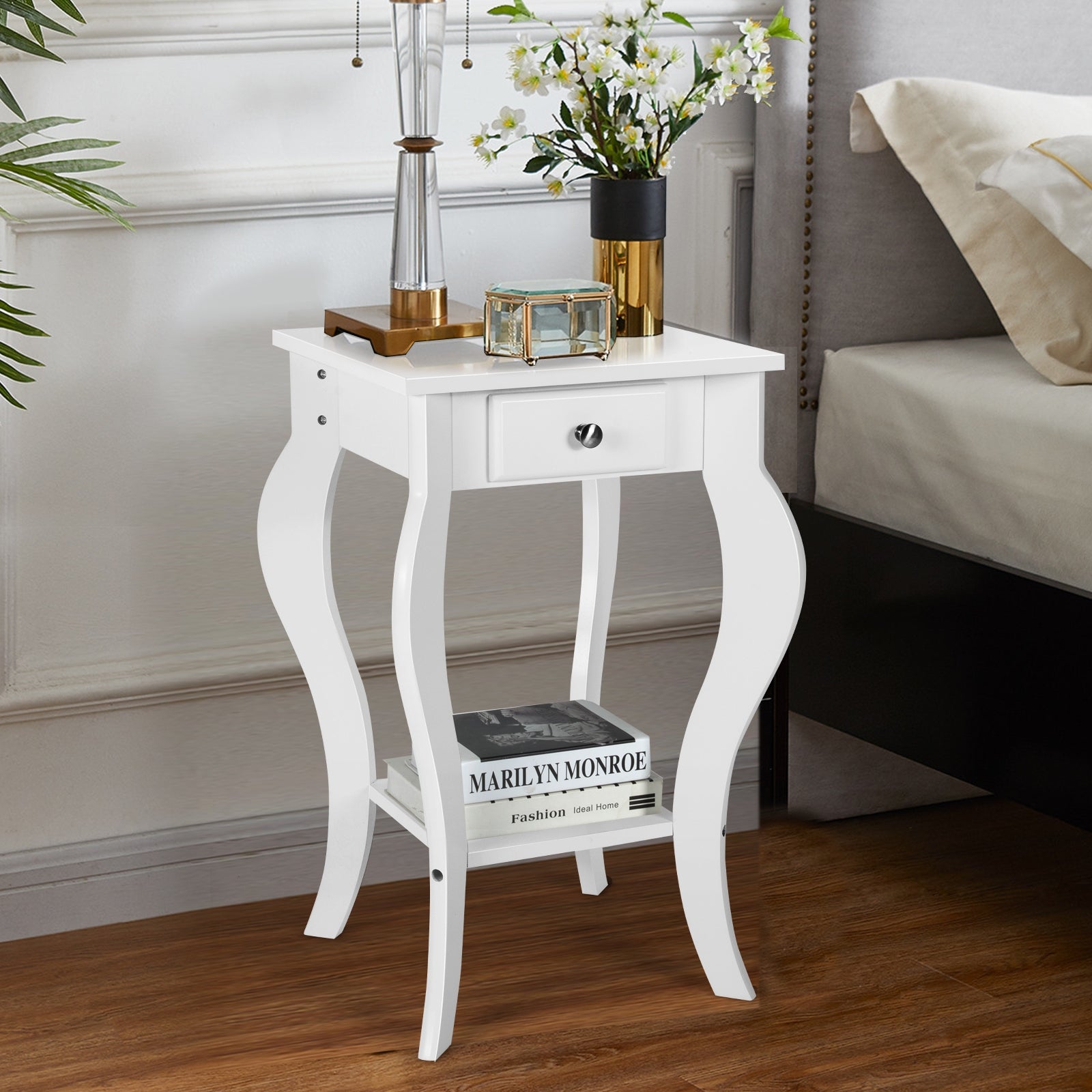 2-Tier End Table with Drawer and Shelf for Living Room Bedroom-White