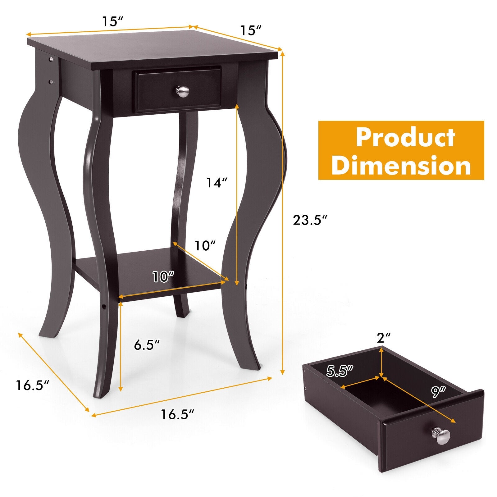 2-Tier End Table with Drawer and Shelf for Living Room Bedroom-Brown