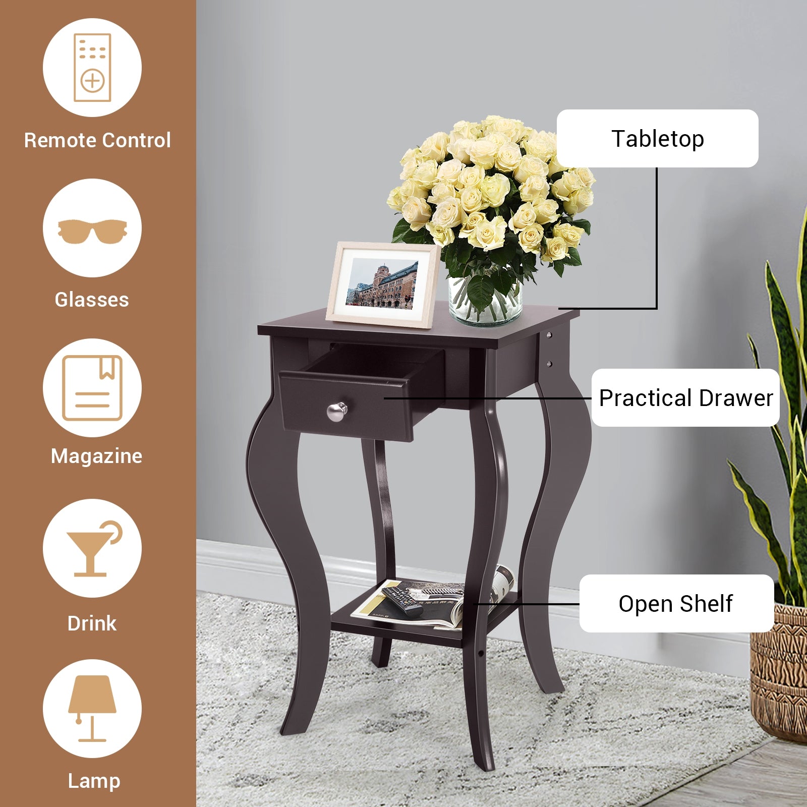 2-Tier End Table with Drawer and Shelf for Living Room Bedroom-Brown