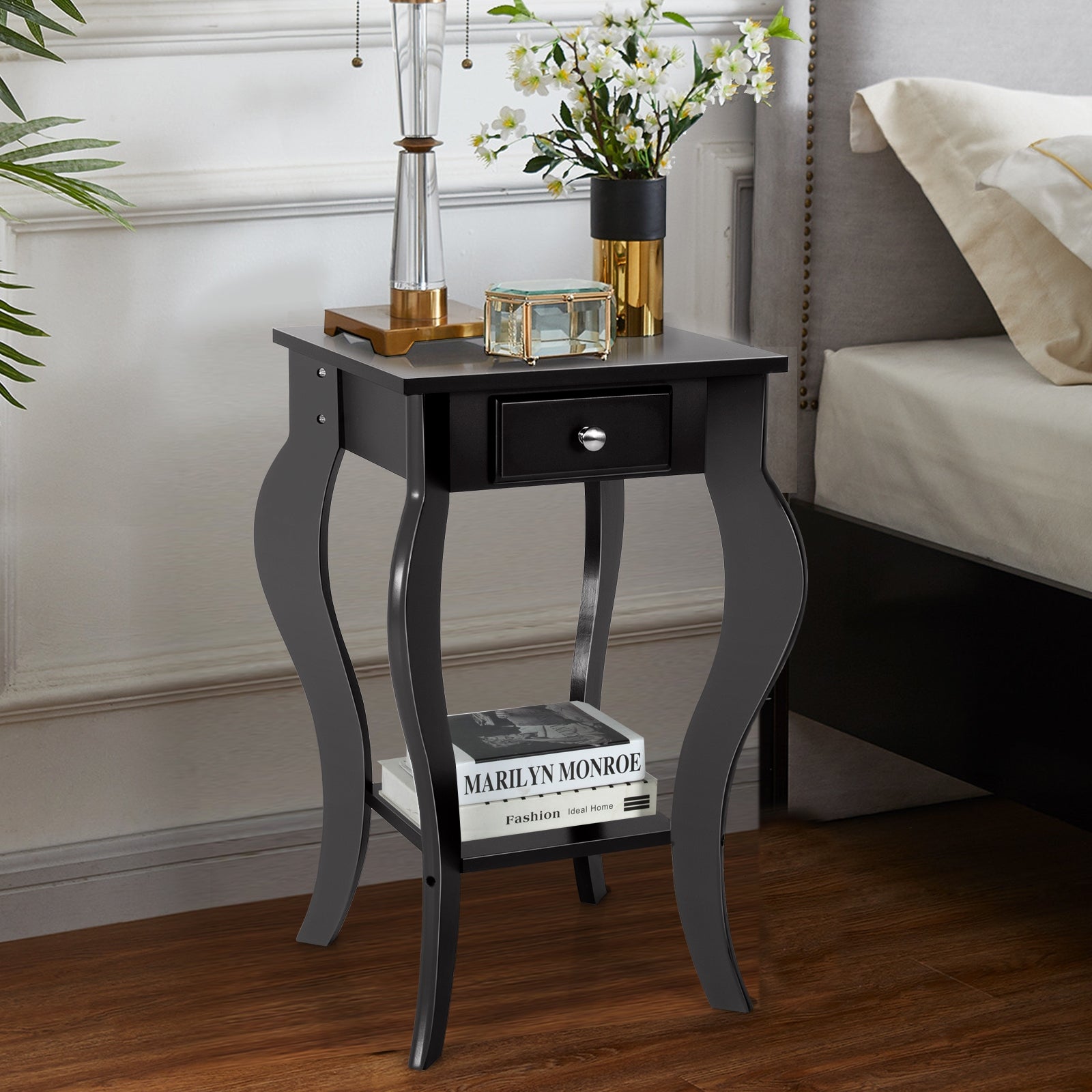 2-Tier End Table with Drawer and Shelf for Living Room Bedroom-Black