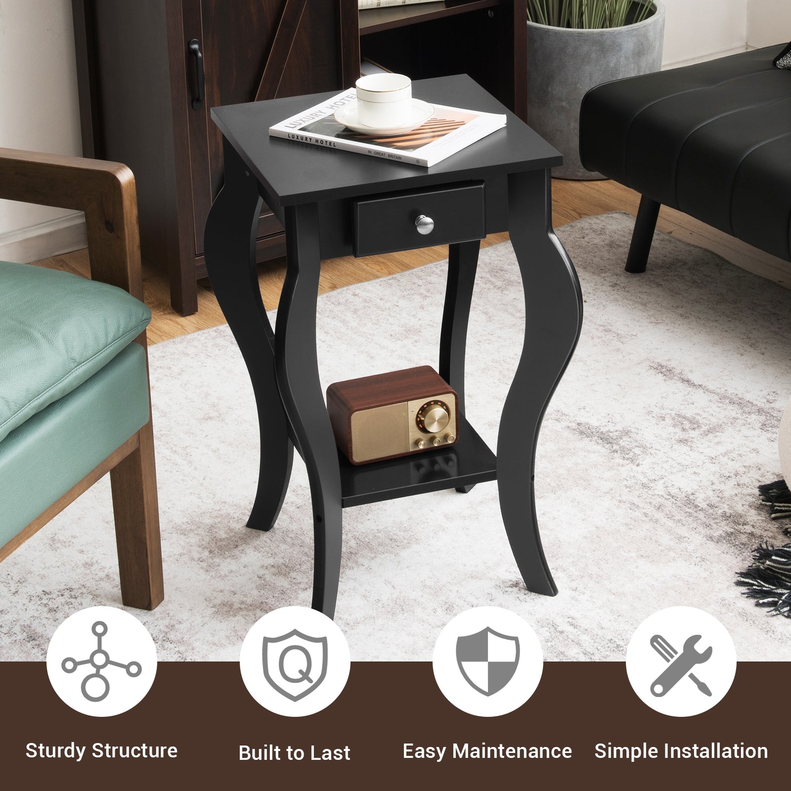 2-Tier End Table with Drawer and Shelf for Living Room Bedroom-Black 