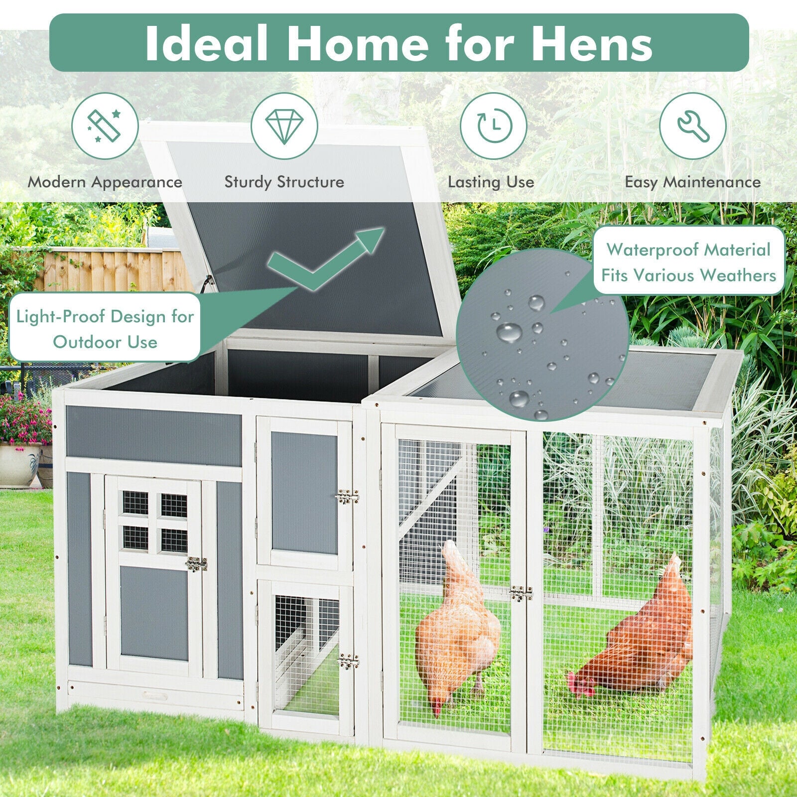 63 Inch Large Wooden Chicken Coop with Run Box and PC Roof