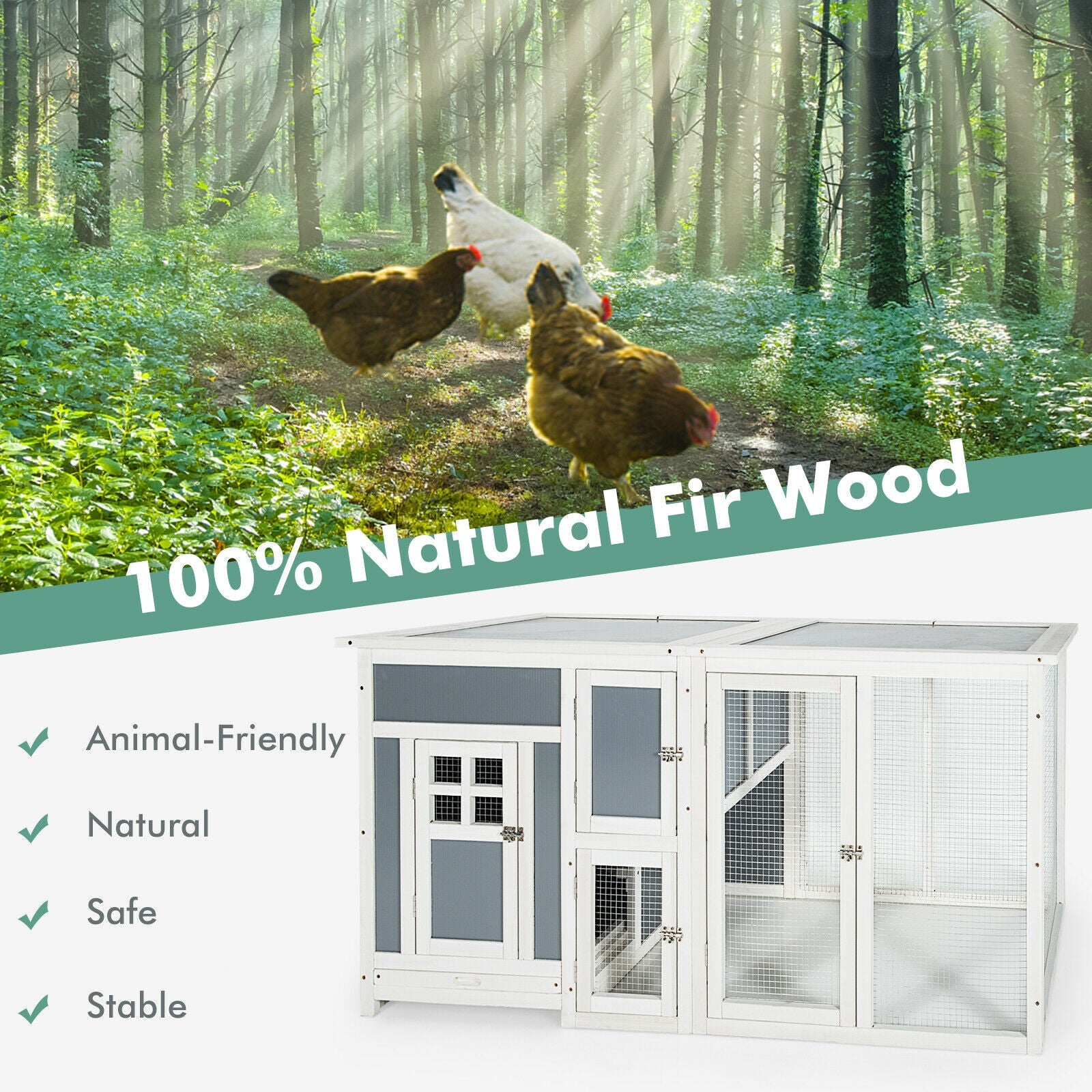 63 Inch Large Wooden Chicken Coop with Run Box and PC Roof